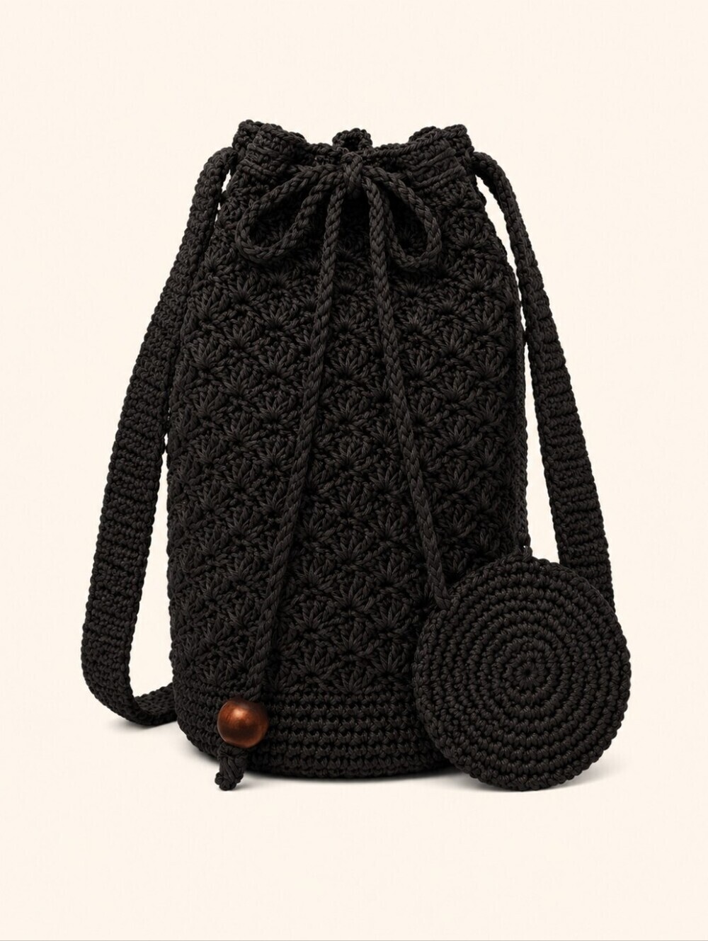 Vintage Black Crochet Drawstring Nap Sack Hobo Festival Bag with Coin Pouch